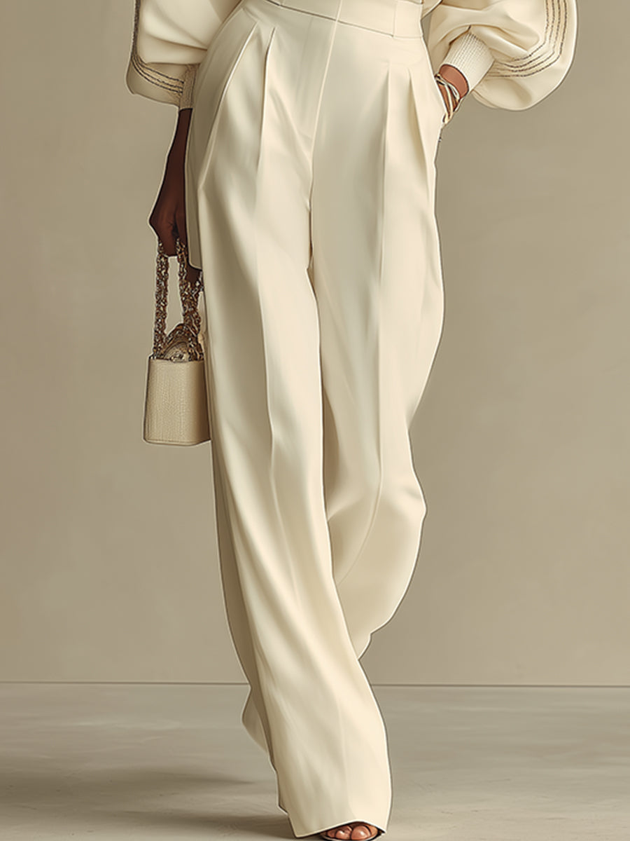 Ivory Ribbed Crew Neck Top And High-waisted Wide-leg Pants Suit