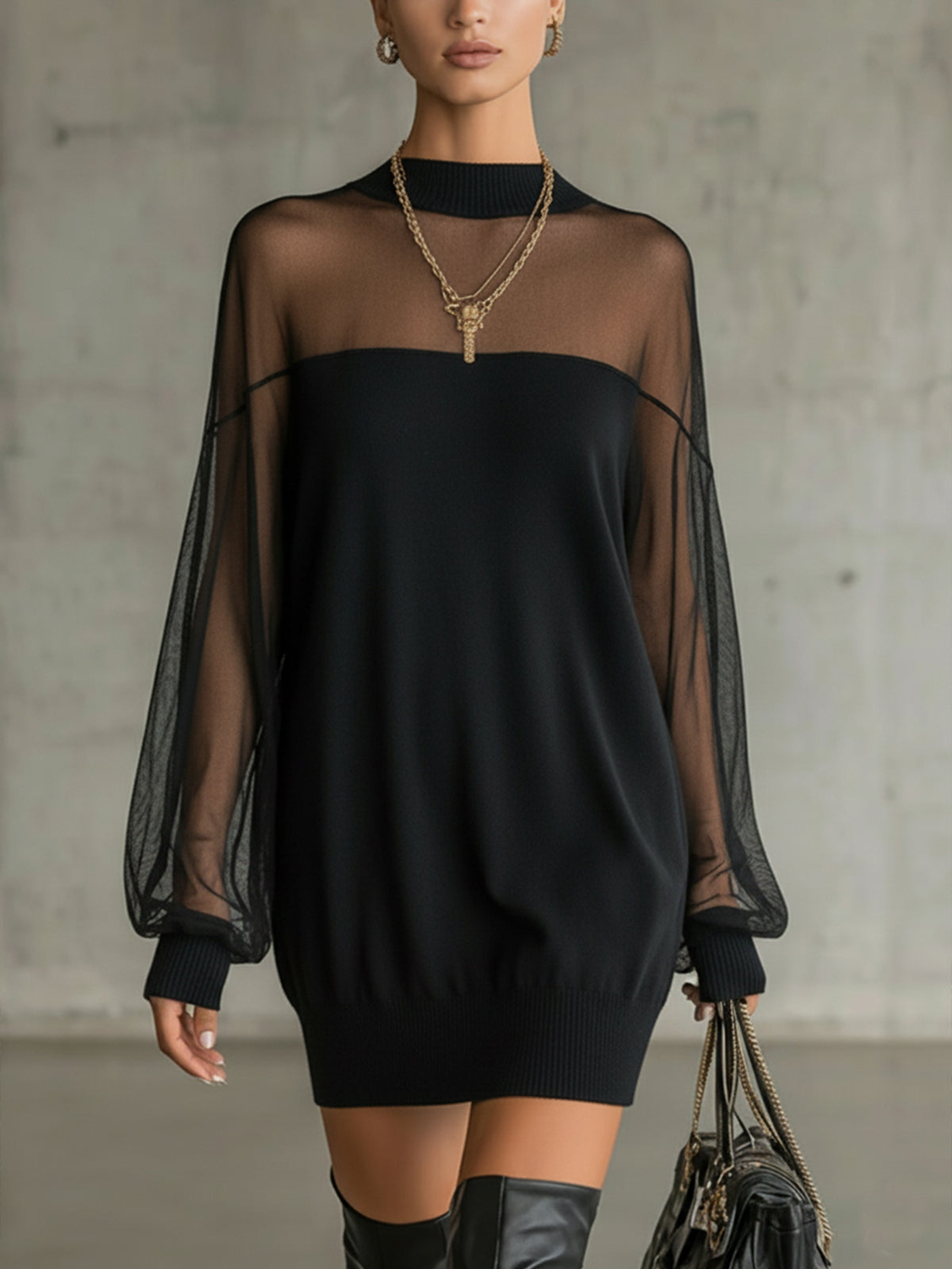 Black Sheer Mesh Sleeve High‑Neck Mini Dress