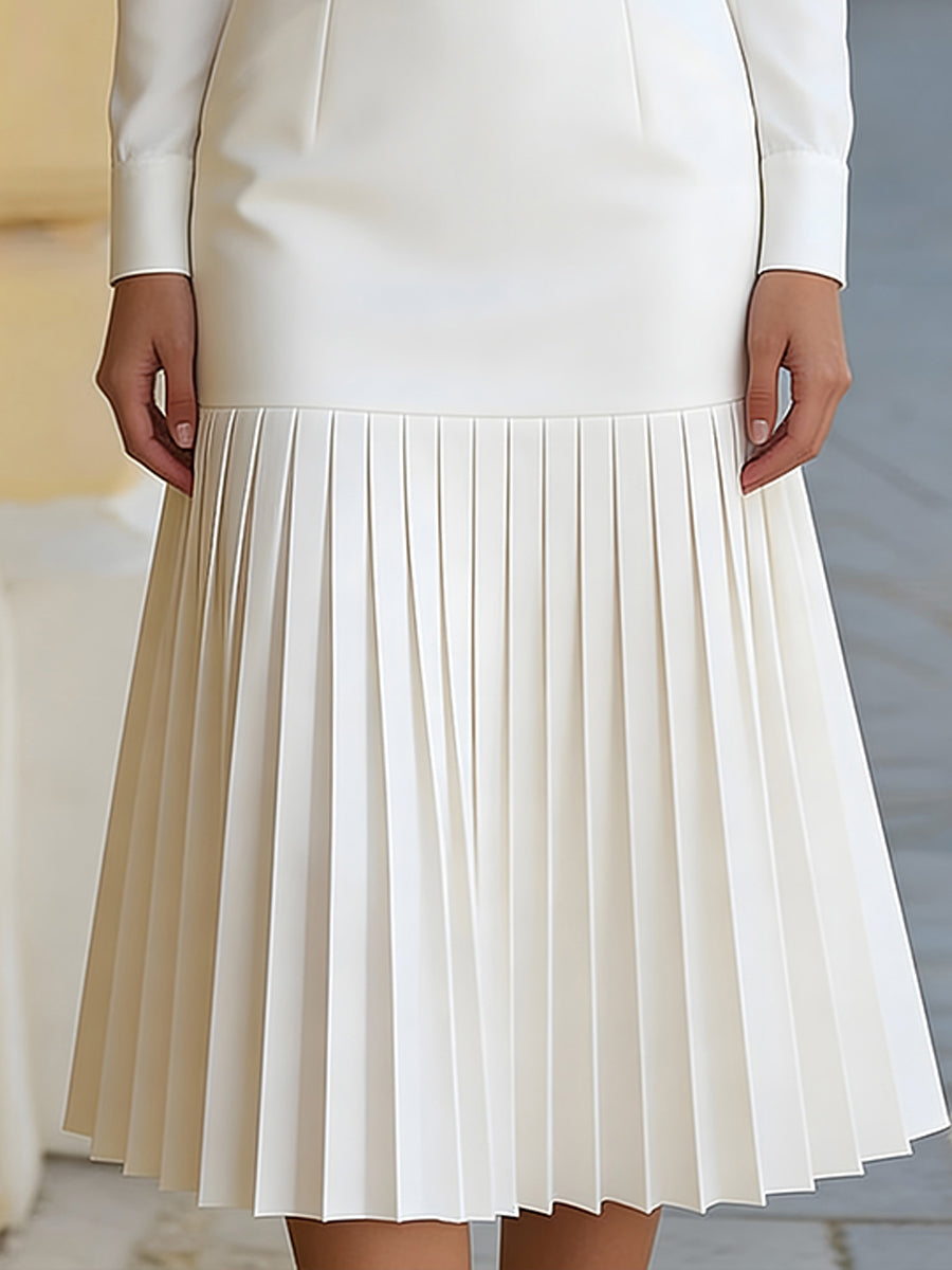 White Turtleneck Long-sleeved Pleated Midi Dress (with belt)