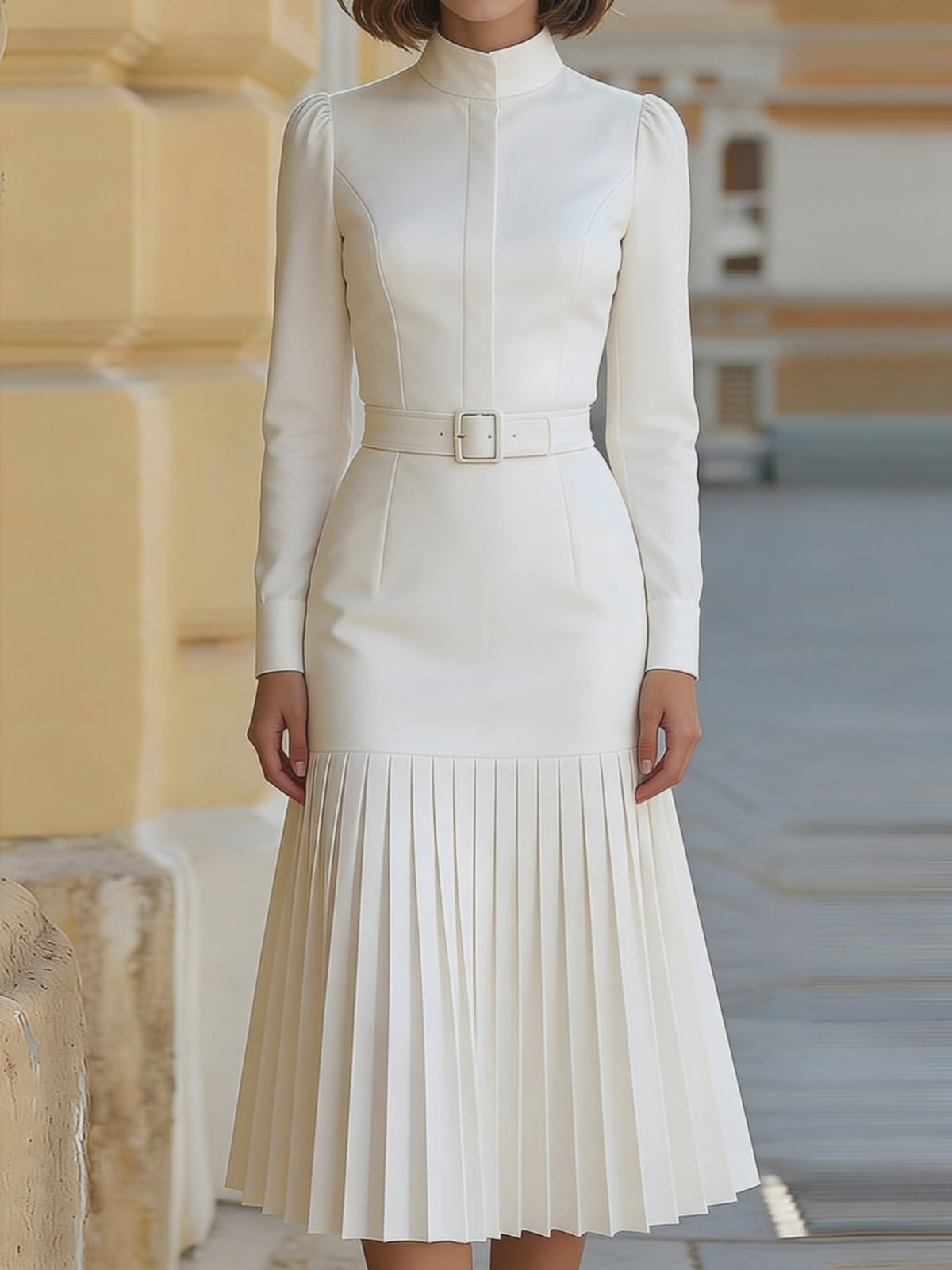 White Turtleneck Long-sleeved Pleated Midi Dress (with belt)