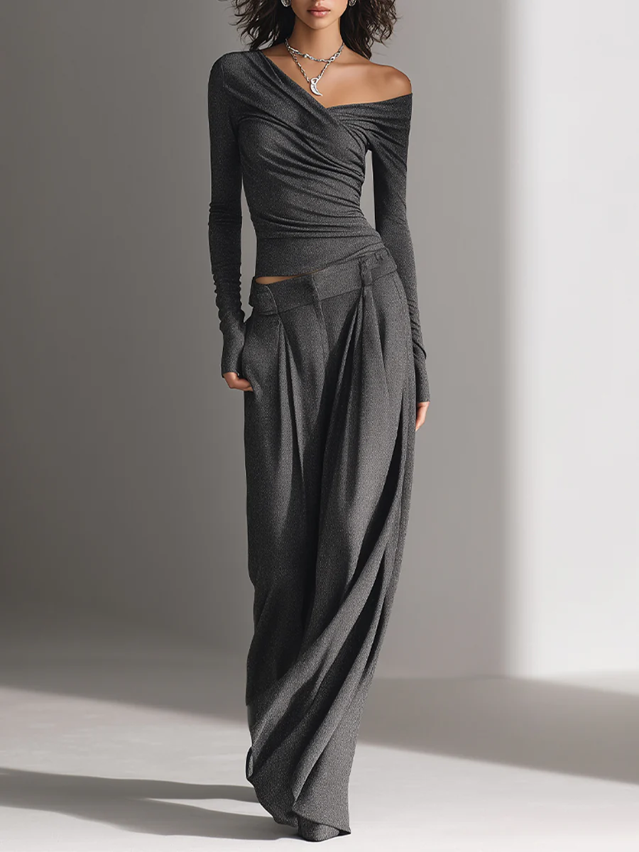 Charcoal Gray Off-shoulder Top And Wide-leg Pants Set