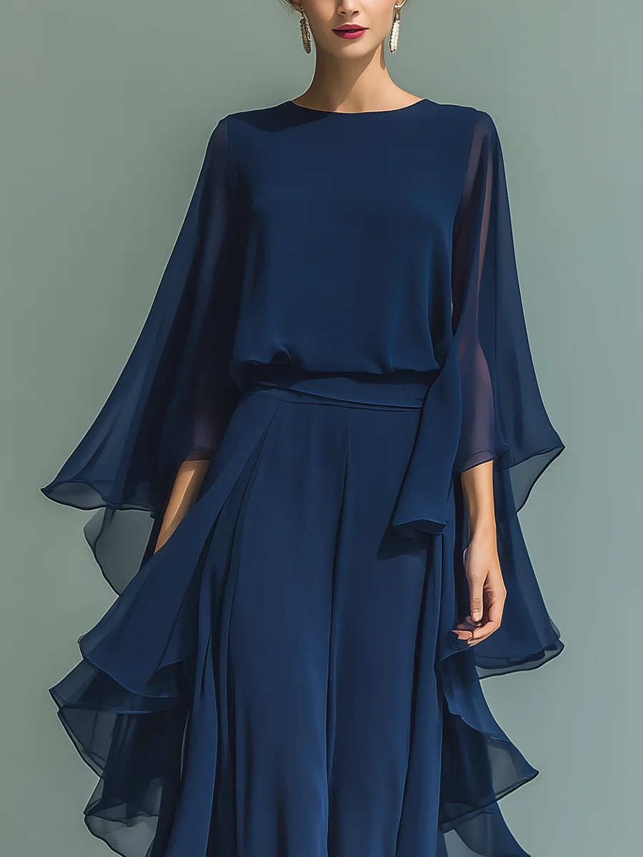 Navy Chiffon Bell-sleeve Top And Ruffled Straight-leg Pants Set
