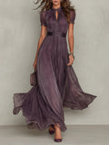 Purple Keyhole Neckline Chiffon Lace Trim Maxi Dress