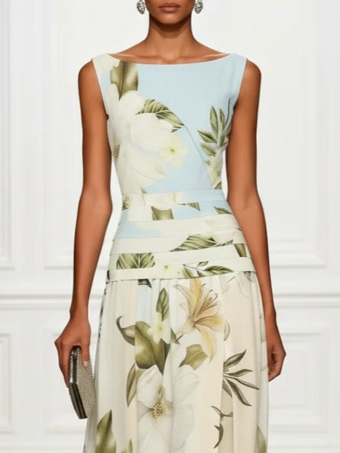 Blue And White Floral Ruffled Boat Neck Sleeveless Maxi Dress