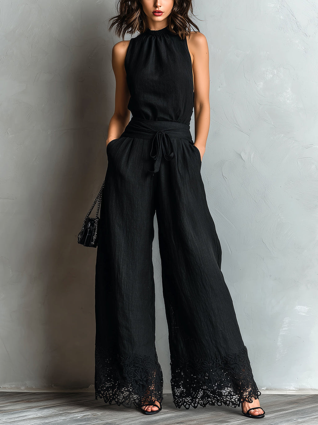 Black Faux Cotton-linen Halter Neck Vest With Tie-up Lace-trimmed Wide-leg Pants Set