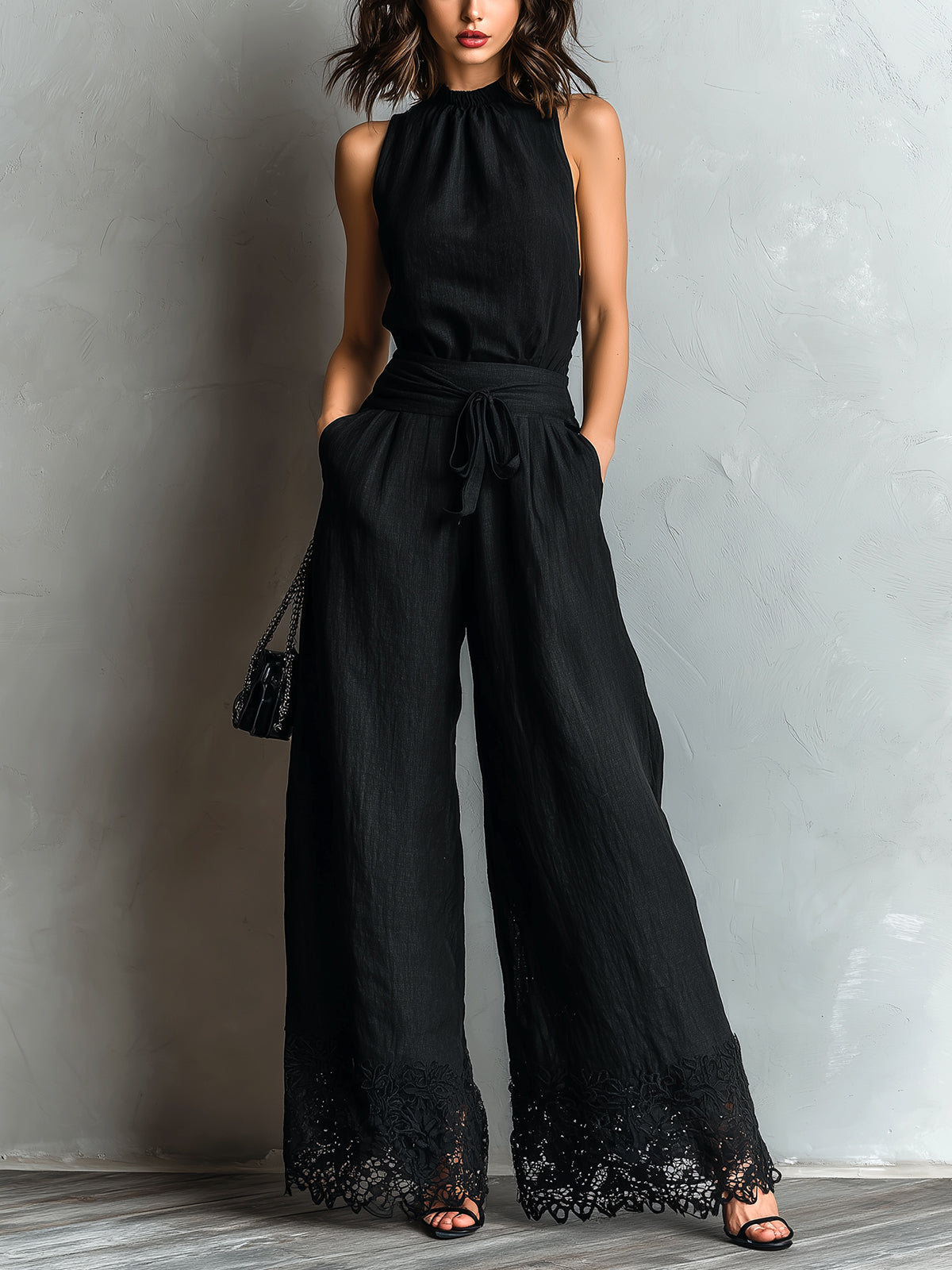 Black Faux Cotton-linen Halter Neck Vest With Tie-up Lace-trimmed Wide-leg Pants Set