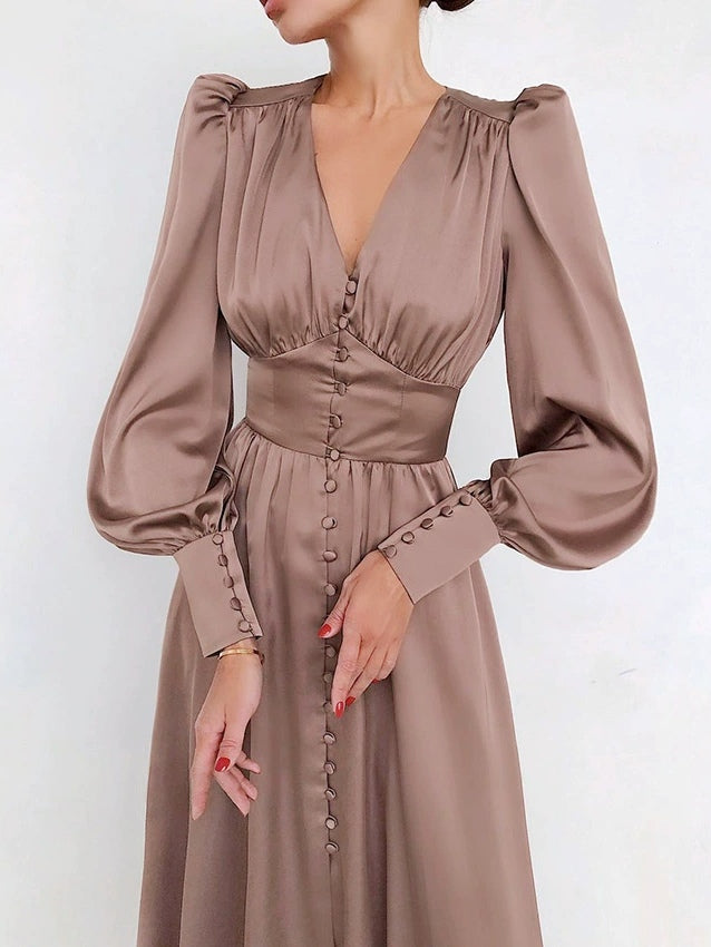 Satin Solid Balloon Sleeve V Neck Midi Dress