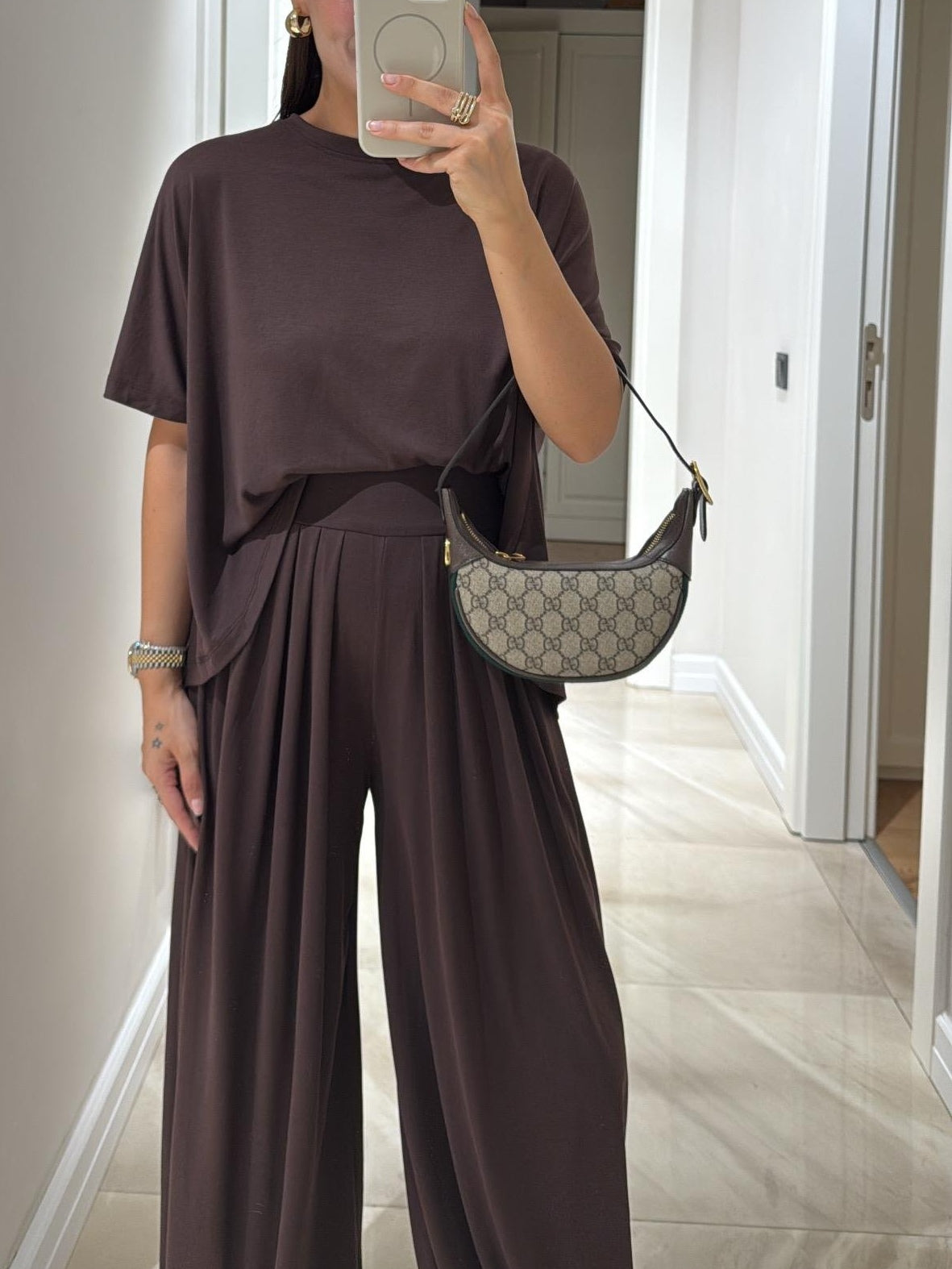 Light Grey Casual Top and Wide-leg Pants Set
