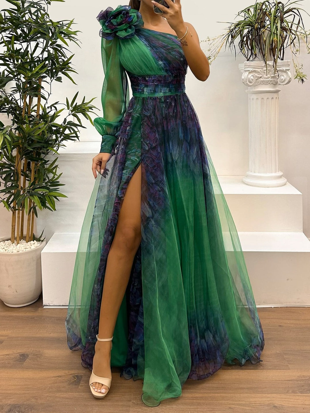 One Shoulder Mesh Abstract Gradient Print Maxi Dress