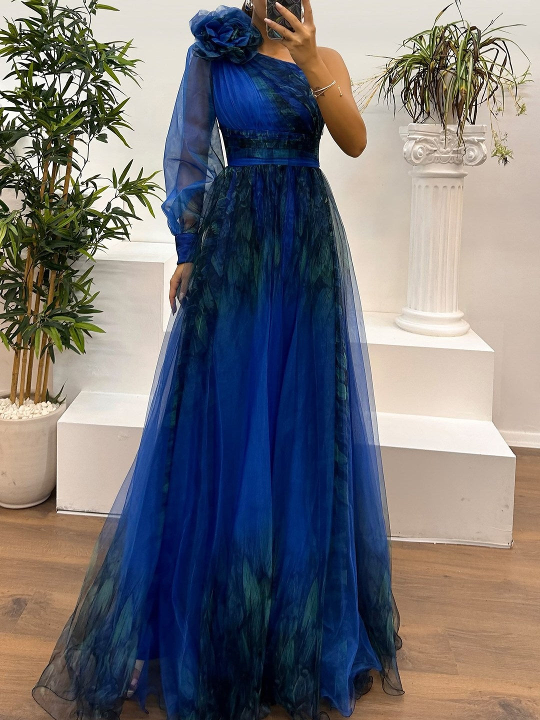 One Shoulder Mesh Abstract Gradient Print Maxi Dress