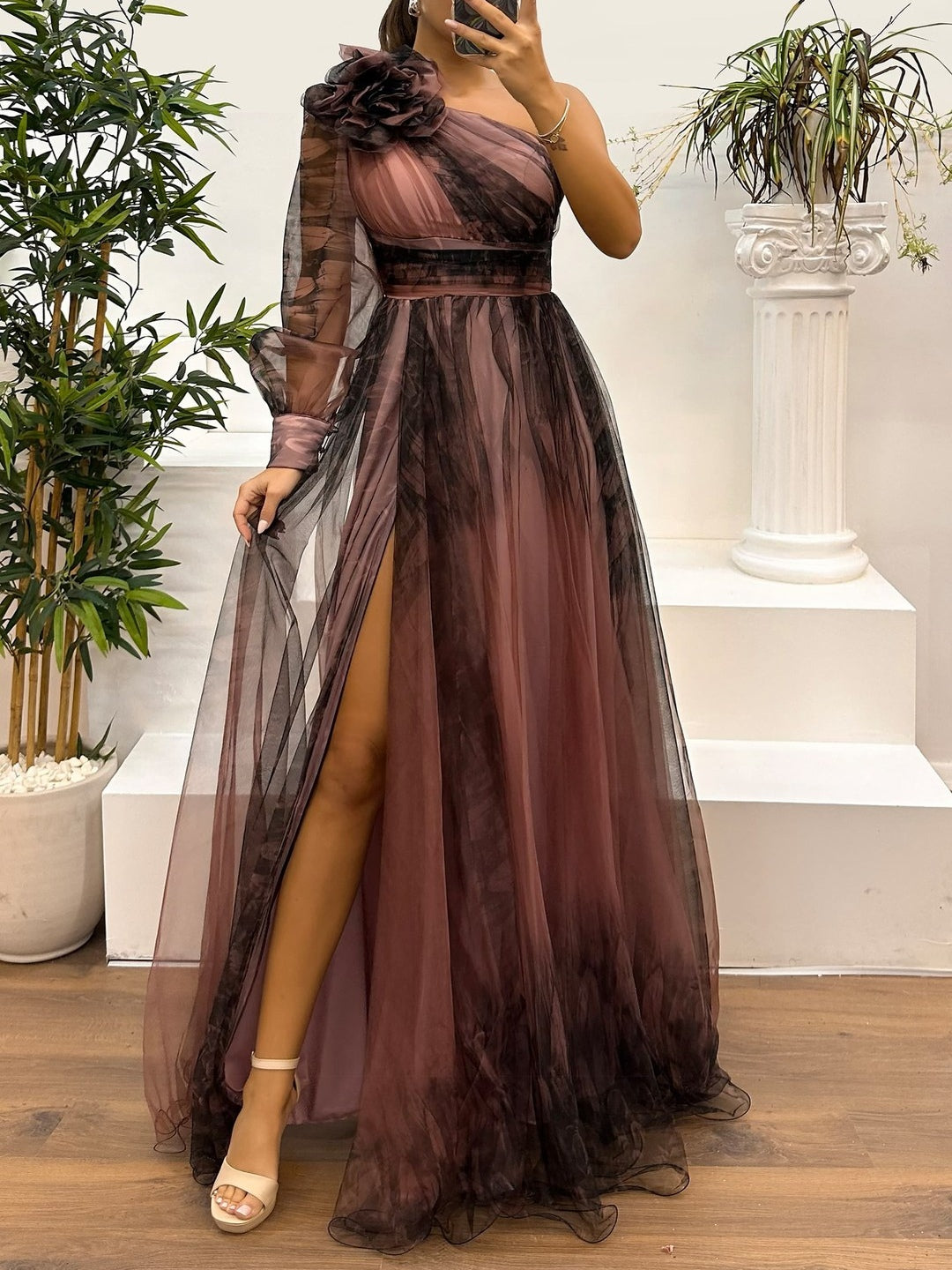 One Shoulder Mesh Abstract Gradient Print Maxi Dress