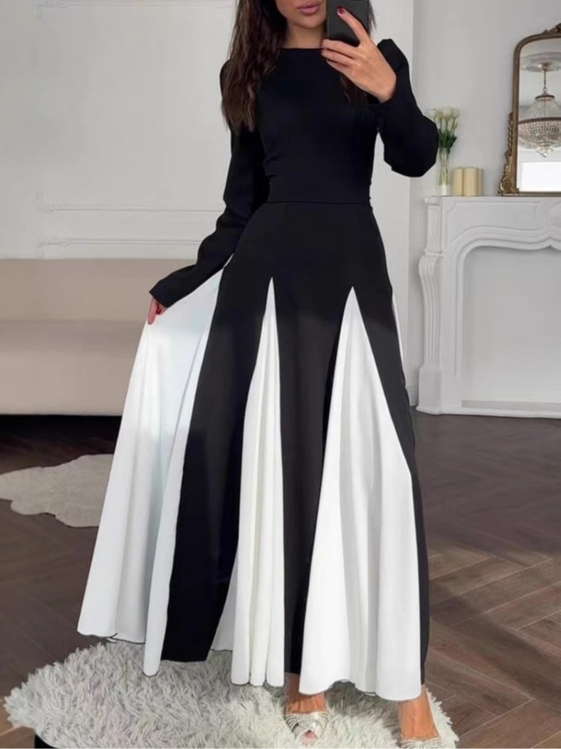 Elegant Black and White Colorblock Round Neck Waist Long Sleeve Dress