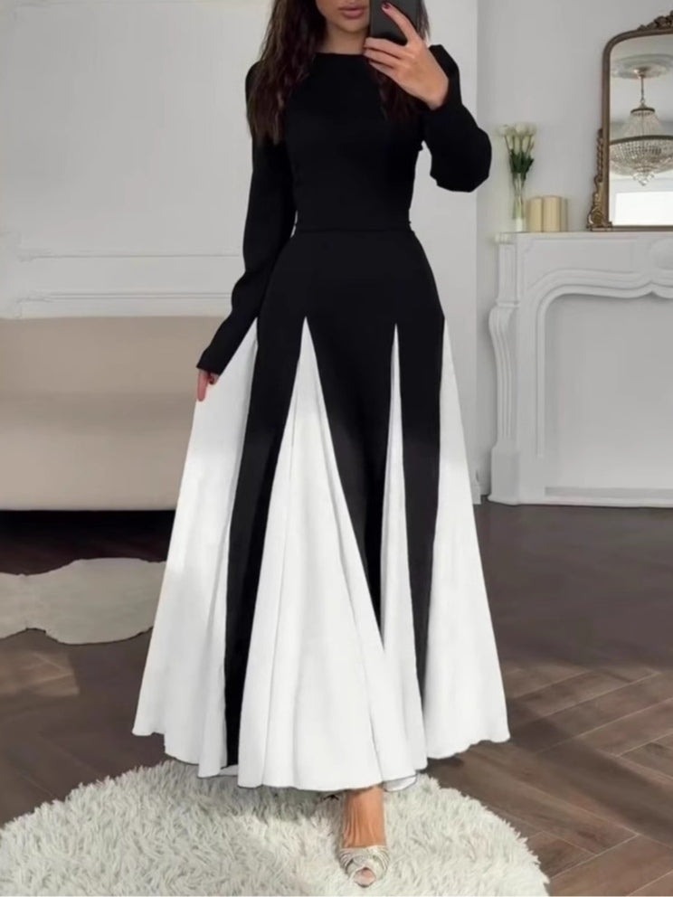 Elegant Black and White Colorblock Round Neck Waist Long Sleeve Dress