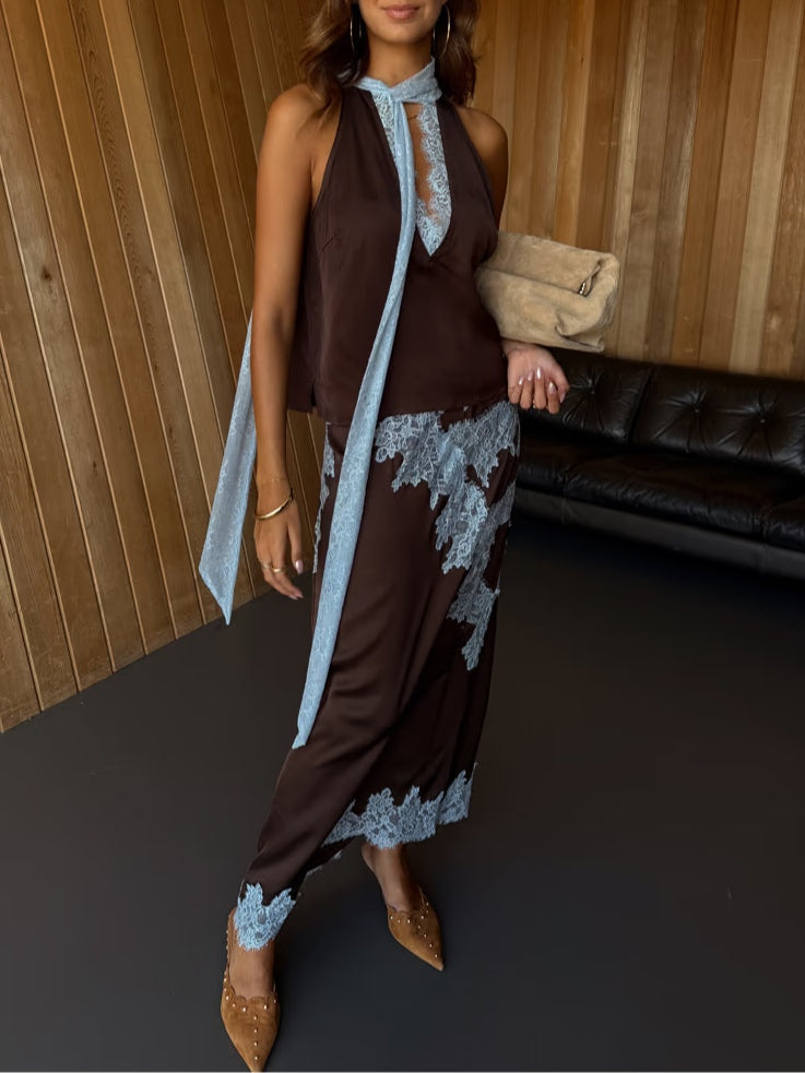Elegant Brown and Blue Lace Panel Top + Skirt Suit Set