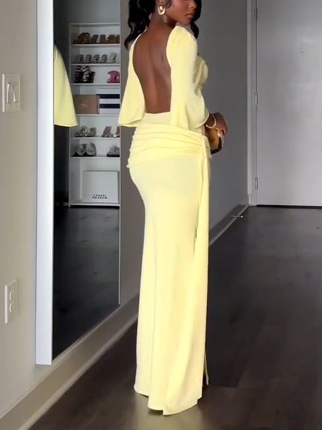 Yellow Cape Backless Maxi Dress