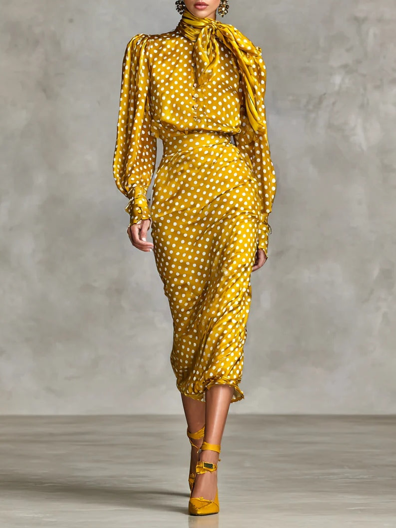 Vintage Satin Polka Dot Print Shirt And Skirt Two-Piece Set