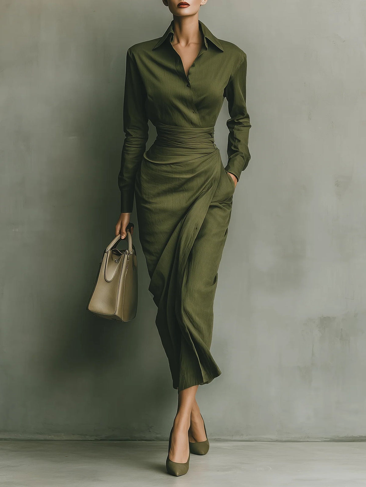 Army Green Cotton Blended Maxi Dress