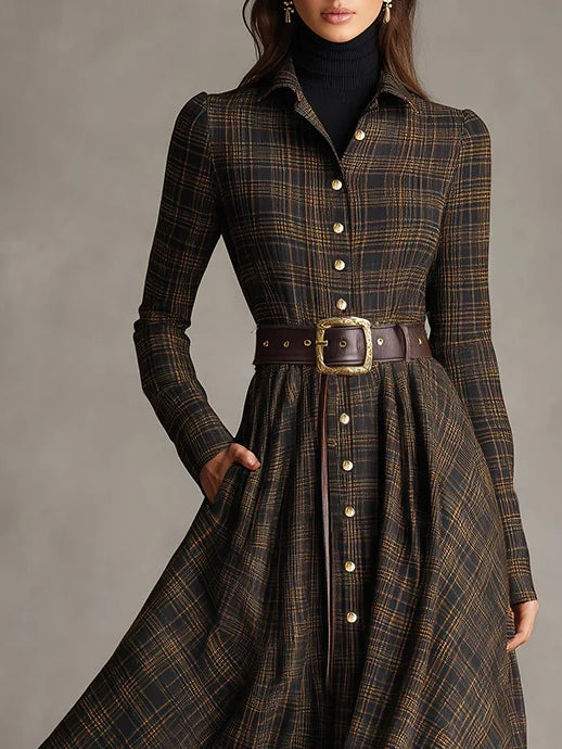 Brown and Black Plaid Lapel Single-Breasted Shirt Long Dress
