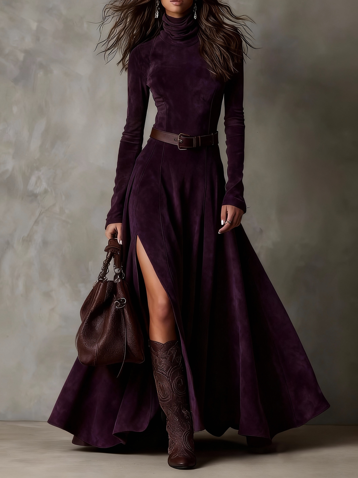 Dark Brown Faux Suede Turtleneck Long Sleeve Slit Maxi Dress（Including belt）