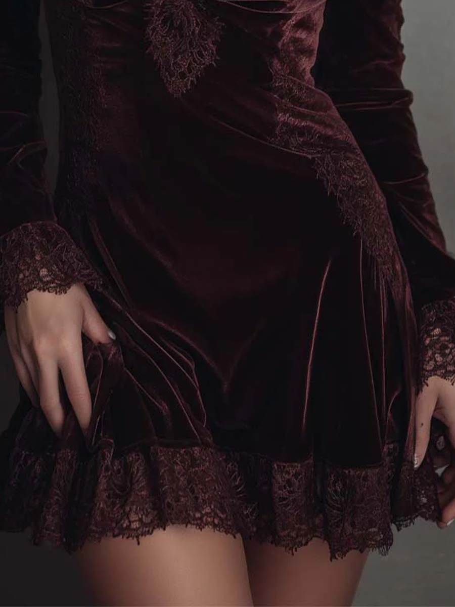 Burgundy Velvet Lace-trimmed V-neck Mini Dress