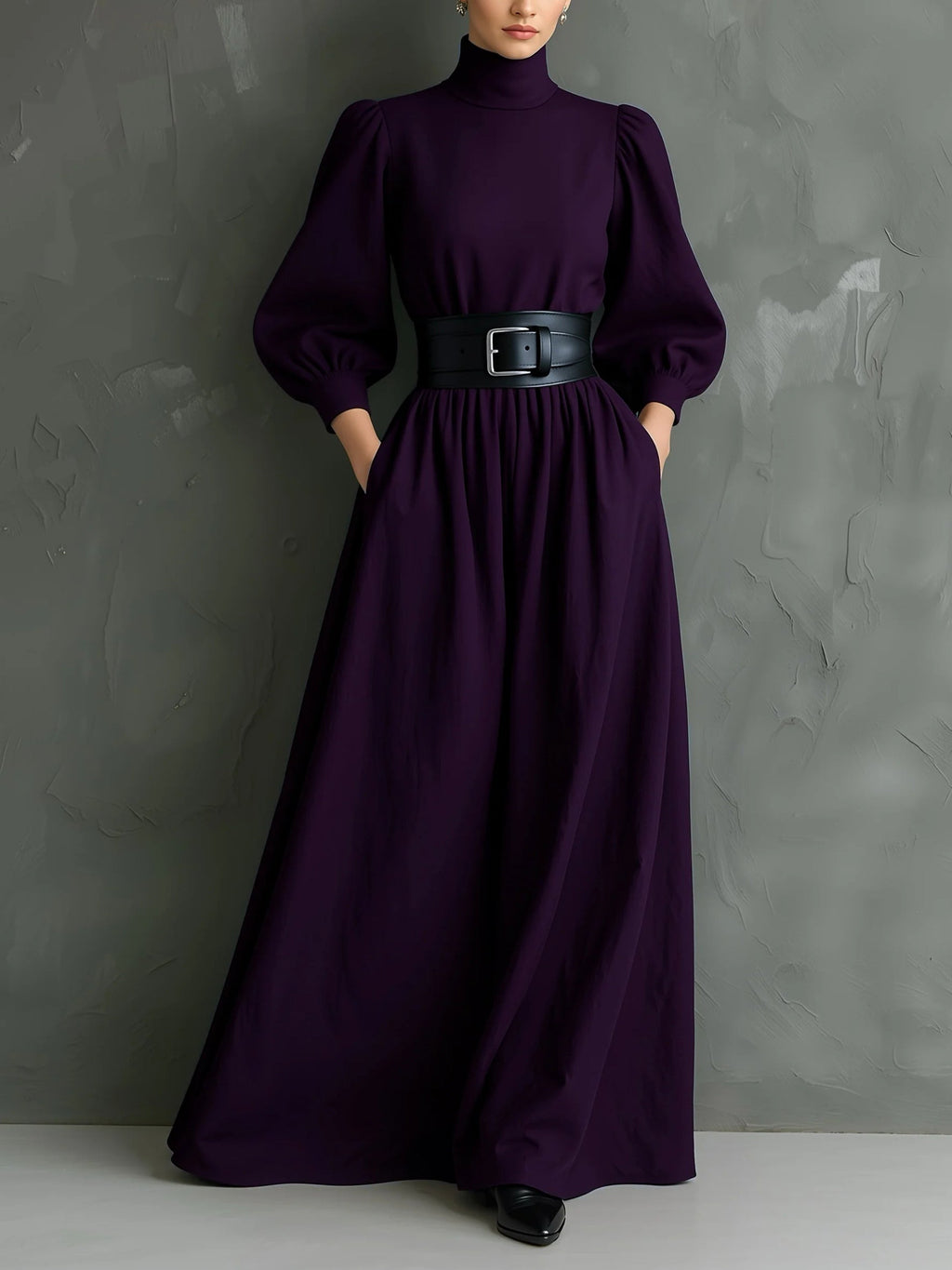 Elegant Dark Purple Turtleneck Long-sleeved Fitted Maxi Dress (with belt)