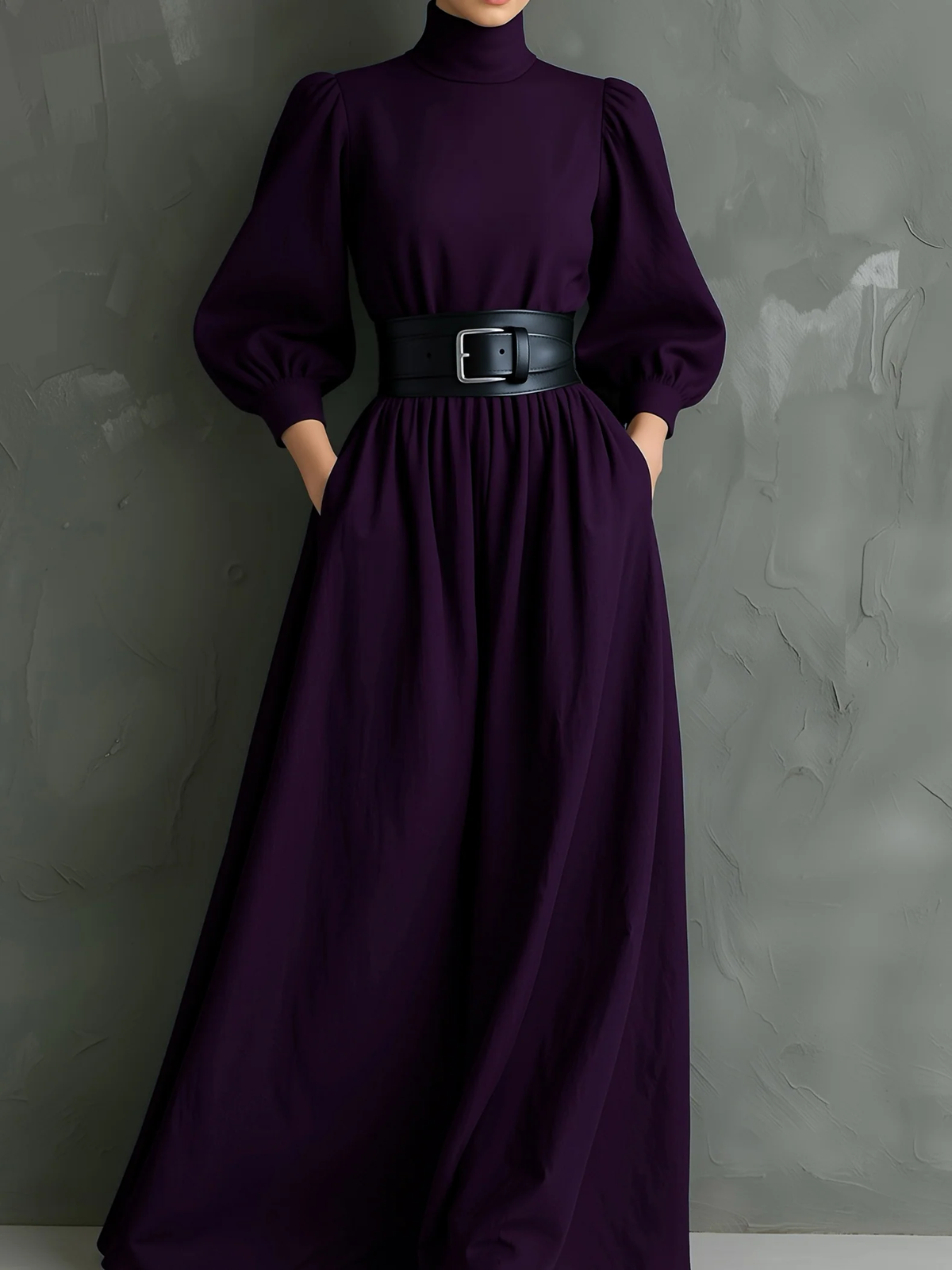 Elegant Dark Purple Turtleneck Long-sleeved Fitted Maxi Dress (with belt)