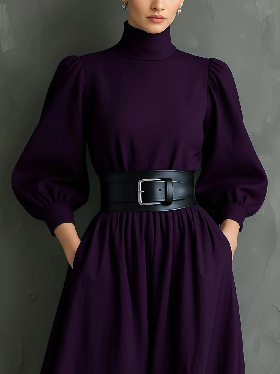 Elegant Dark Purple Turtleneck Long-sleeved Fitted Maxi Dress (with belt)