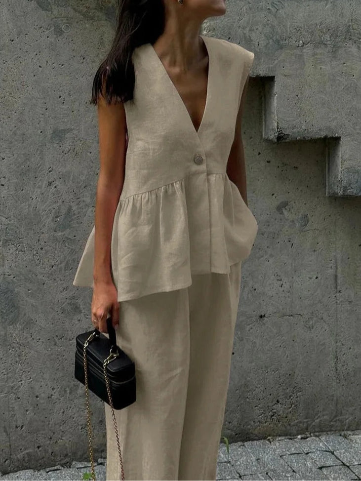 Cotton and linen V-neck ruffled two-piece suit
