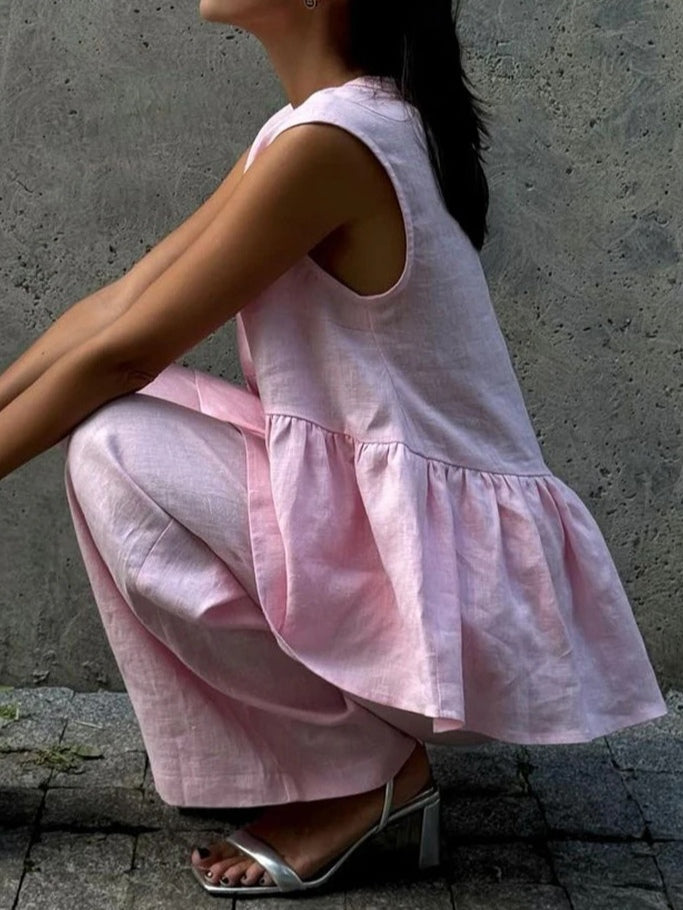 Cotton and linen V-neck ruffled two-piece suit