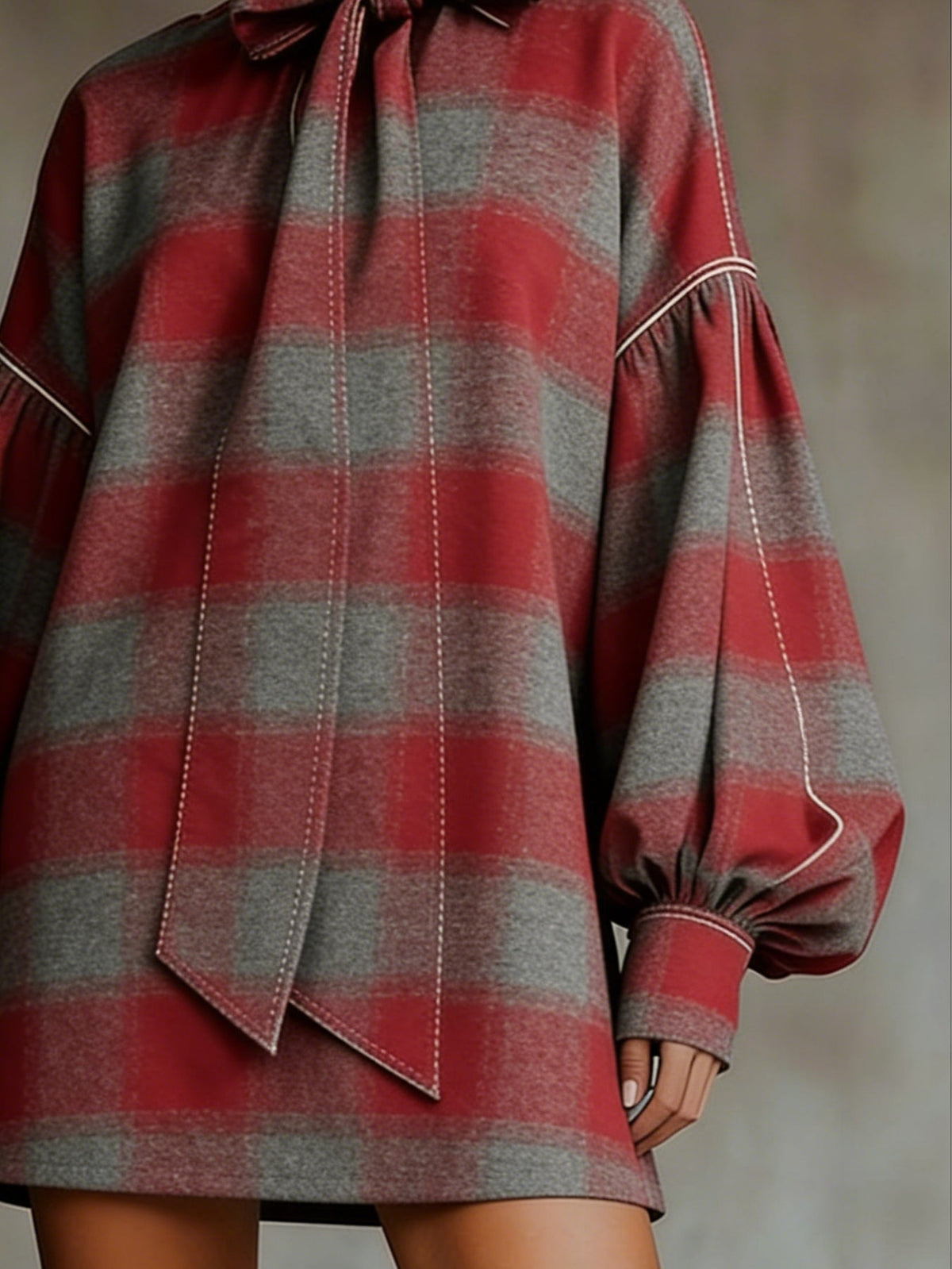 Red And Gray Plaid Bow Lantern Sleeve Mini Dress