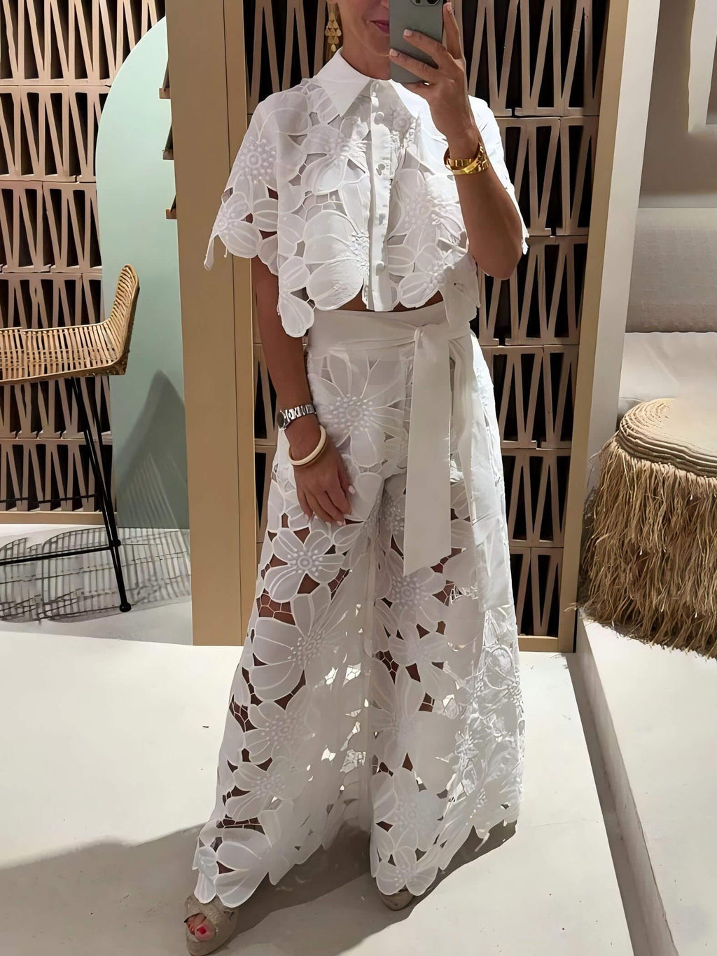 Exquisite floral embroidery sexy hollow suit