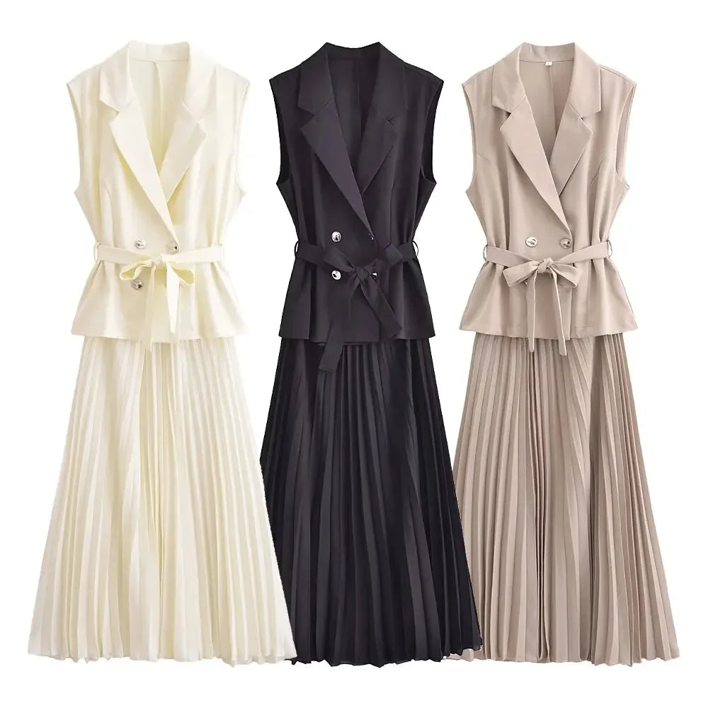 Nerina Double-Breasted 2 Piece Pleated Midi Dress – Sleeveless Blazer Top & Skirt Set in Black, Cream or Beige