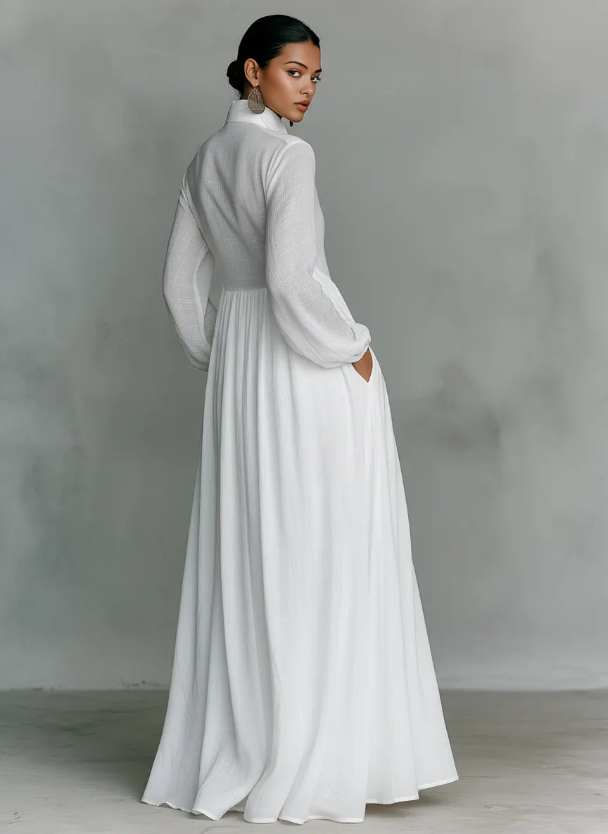Women's Minimalist Cotton And Linen Patchwork Single-breasted Stand-up Collar Long-sleeved Maxi Dress MDA0658K6Y
