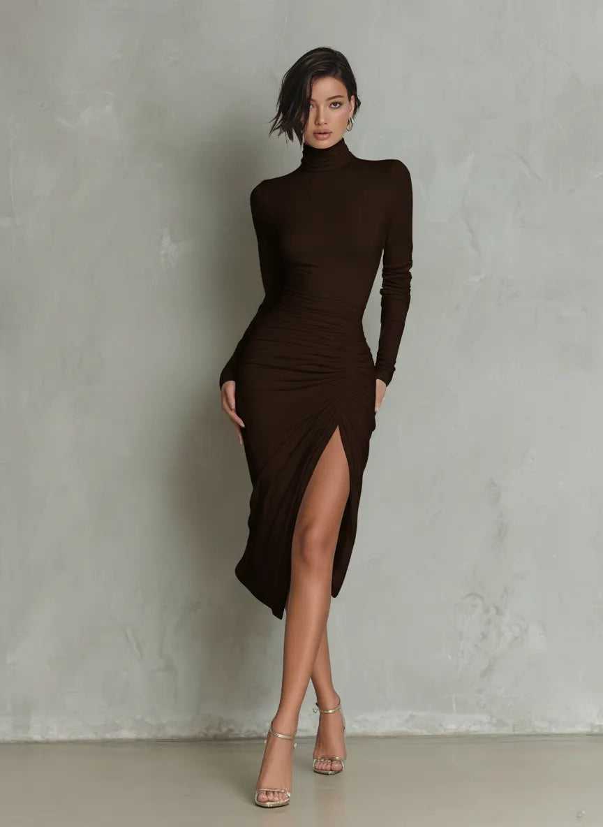 Women's Fashionable And Sexy White Slim-fitting Midi Dress With A High Neckline, Long Sleeves, And Ruched Waist And Hem MDA1270K0AN