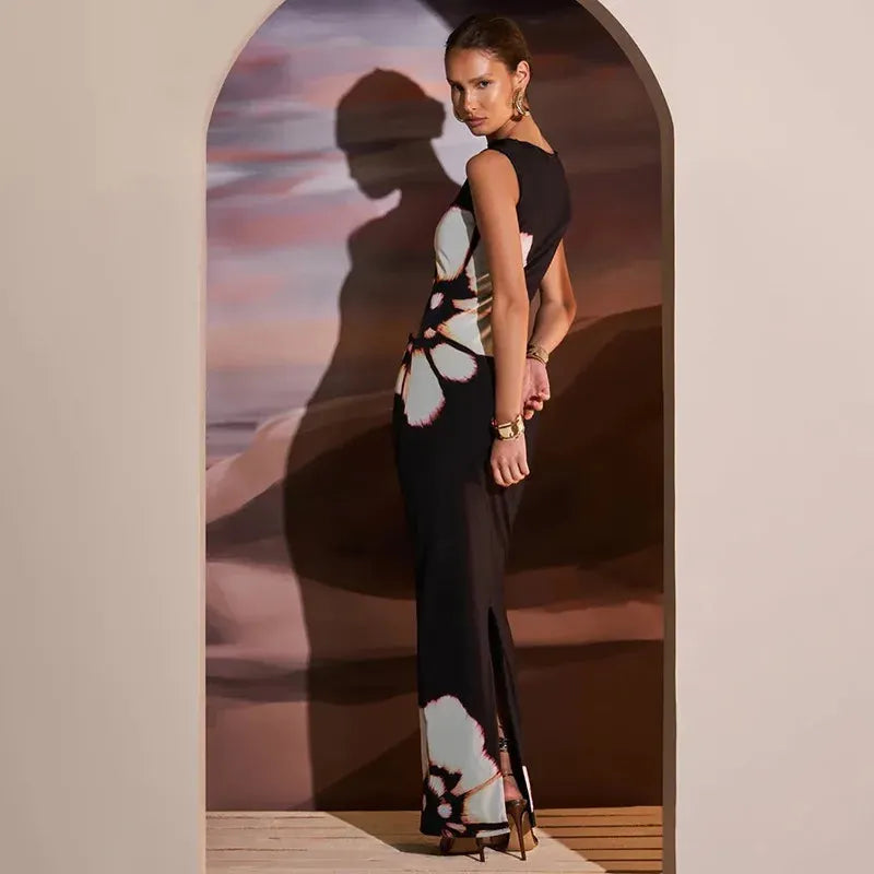 Azariah Black Floral Cut-Out Maxi Dress – Elegant Sleeveless Summer Gown with Statement Print