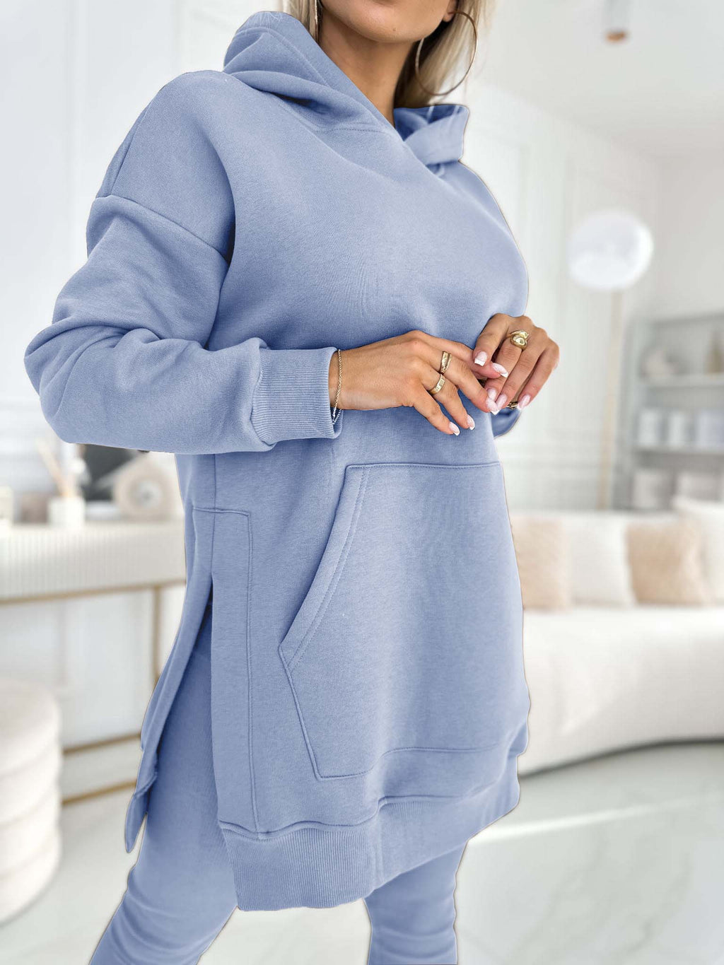 Fashion Solid Color Hoodie and Lined Leggings Two-piece Set