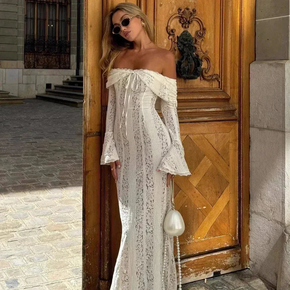 Sarisse Off Shoulder Lace Maxi Dress – Ivory or Black Summer Wedding Guest & Holiday Dress