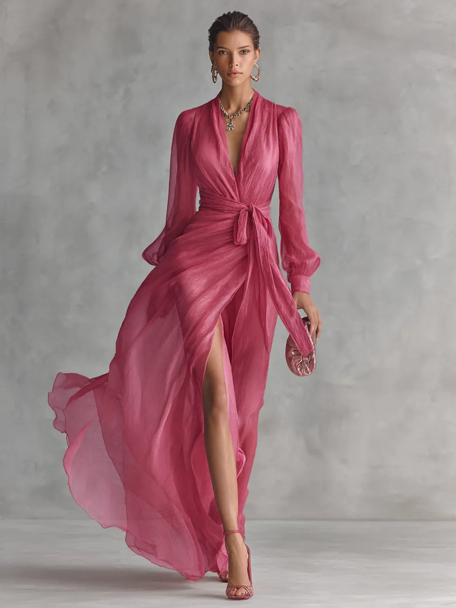 Women's Elegant Rose Pink Pearl Chiffon V-neck Tie-waist Long Dress MDZ1925A7BA