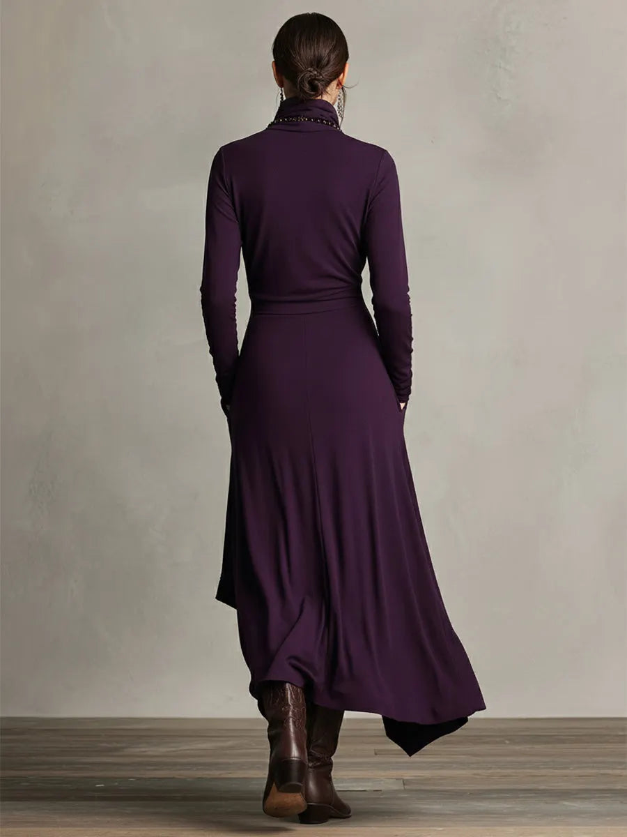 Women's Purple Bohemian Cotton Stretch Turtleneck Asymmetrical Draped Maxi Dress MDA2055J9I