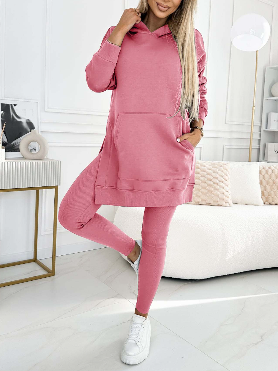 Fashion Solid Color Hoodie and Lined Leggings Two-piece Set