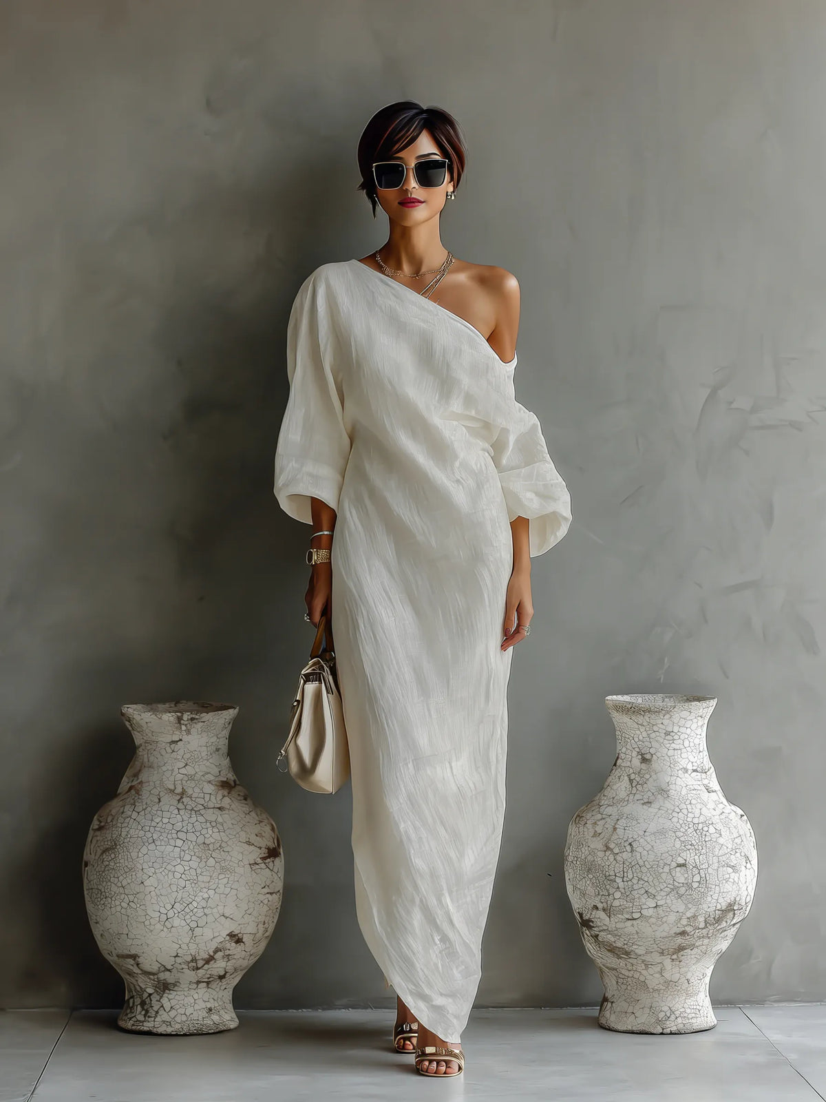 Women's Ivory White Cotton-Linen Blend One-Shoulder Flowing Elegant Dress MDA3032K4T