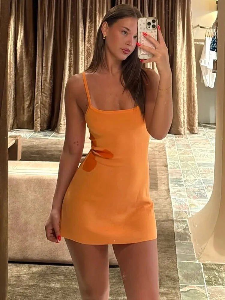 Evaya Spaghetti Strap Knit Mini Dress – Floral Print Bodycon Summer Holiday Dress
