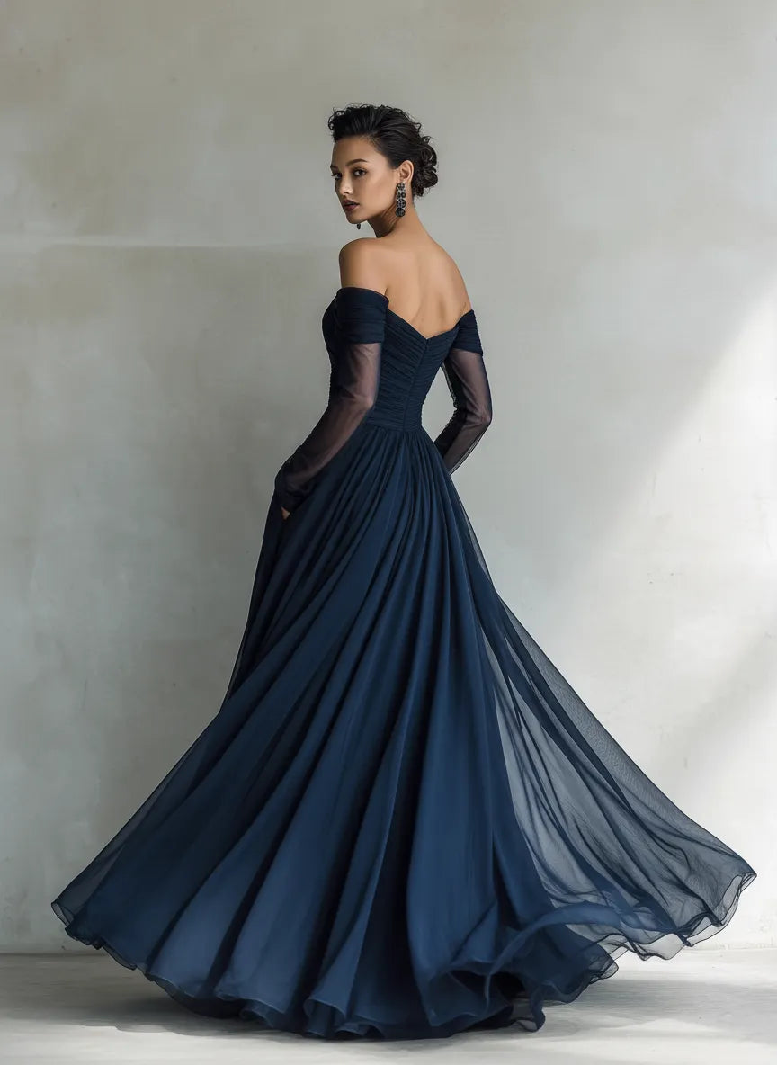 Women's Elegant Dark Blue Chiffon Organza Off-shoulder Long-sleeved Fitted Maxi Dress MDA1711L9AN