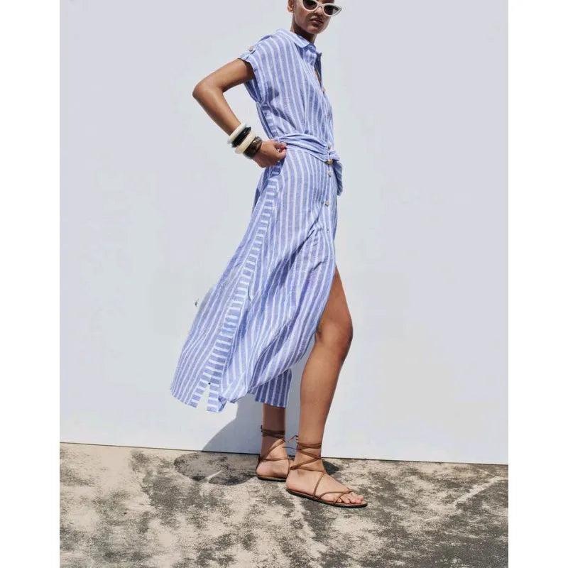 Alira Blue Stripe Shirt Dress – Button Front Midi Belted Summer Dress with Collar