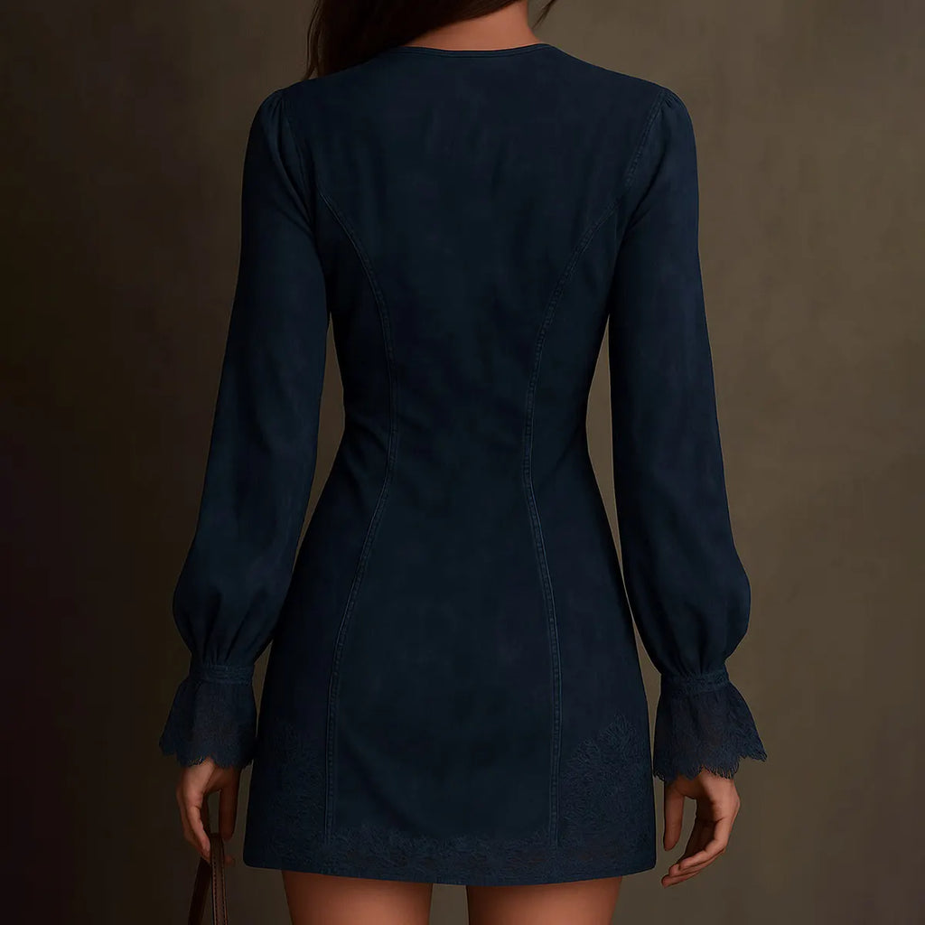 Vintage Blue Suede Lace Trim Mini Dress