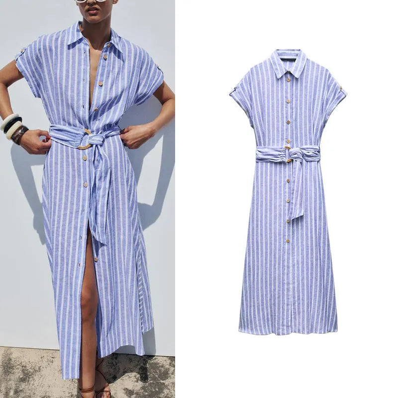 Alira Blue Stripe Shirt Dress – Button Front Midi Belted Summer Dress with Collar