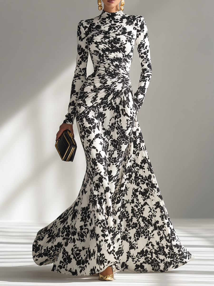 Women's Black And White Patterned Stretch Blend Wrap Dress MDA1295K1AP