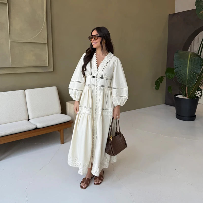 Marvella Embroidered V-Neck Maxi Dress – Boho Long Sleeve Tiered Button Dress