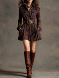 Vintage Lapel Red and Brown Plaid Mini Dress（Includes belt）