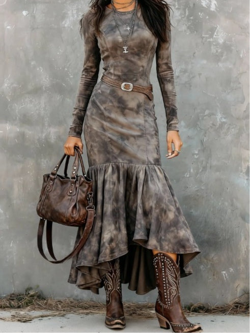 Vintage Polyester Flare Hem Midi Dress（Includes belt）